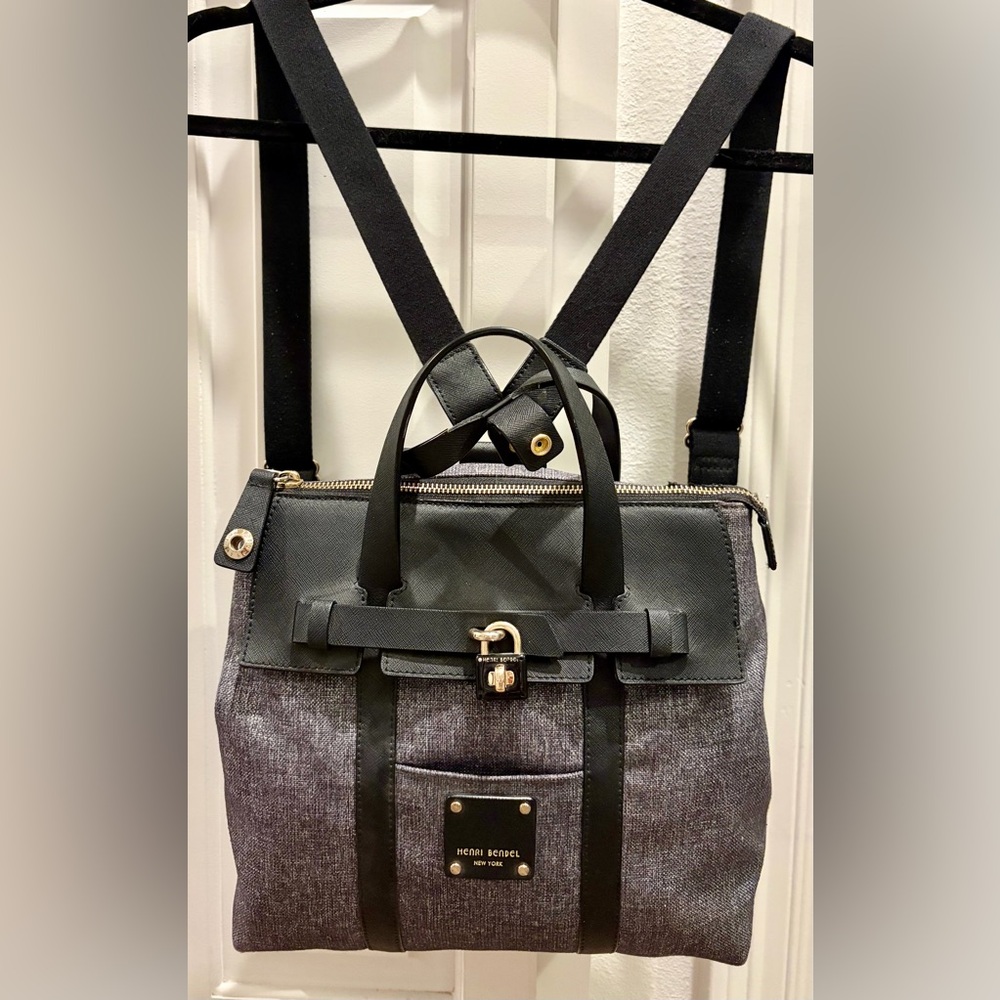 HENRI BENDEL Jetsetter Convertible Backpack in Dark Gray Tweed & Black Leather
